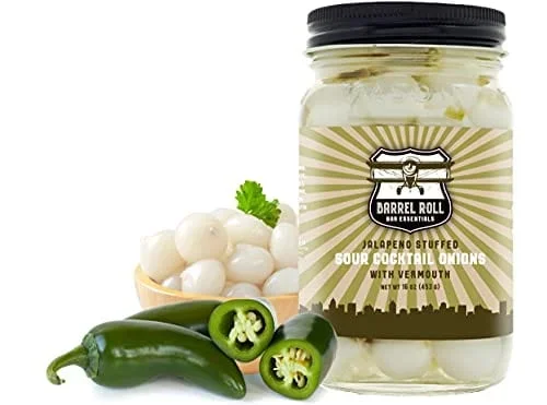 Barrel Roll Bar Essentials Cocktail Onions – Jalapeño Stuffed Sour Silver Skin Pickled Onions with Vermouth in Salty Vinegar – Gibson, Bloody Mary Cocktail Garnish – Gourmet Ingredients – 16 Ounces
