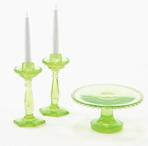 Green Candlestick and Cake Plate Set, Assembled